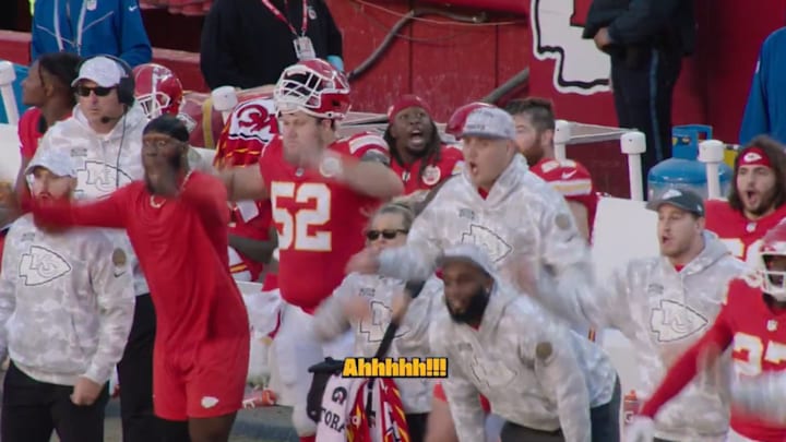 Kareem Hunt and the Kansas City Chiefs' sideline reacts to Leo Chenal's blocked field goal to preserve a 16-14 win over the Denver Broncos. Screenshot via Kansas City Chiefs Mic'd Up on Twitter/X.