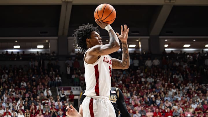 Aden Holloway sinks a mid-range jumper in the first half of the game against Purdue on November 13, 2025.