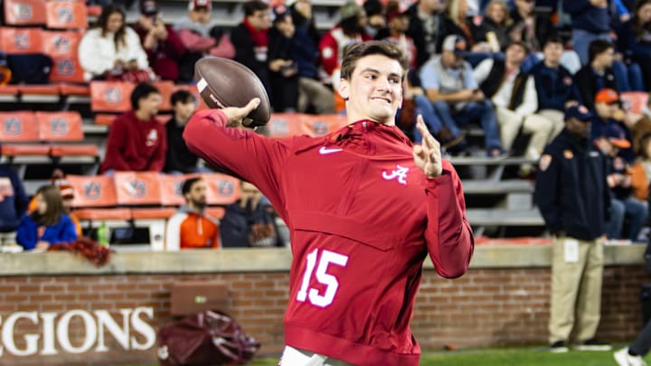 Alabama quarterback Ty Simpson warms up for the Iron Bowl on November 29, 2025.