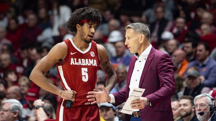 Alabama head coach Nate Oats and forward Amari Allen talk during the second half of the game against Clemson on Dec. 3, 2025. Alabama head coach Nate Oats and forward Amari Allen talk during the second half of the game against Clemson on Dec. 3, 2025.