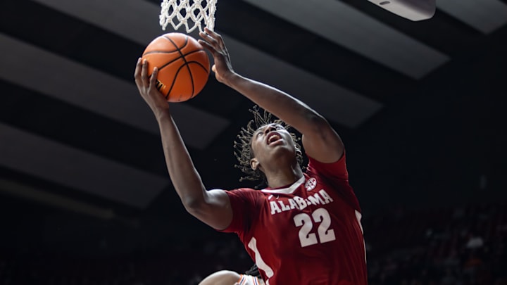 Alabama forward Aiden Sherrell fights for a layup in the second half of the game against Clemson on Dec. 3, 2025.
