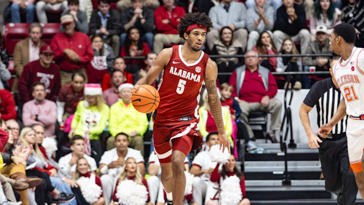 Alabama forward Amari Allen travels up the court in the second half of the game against Clemson on Dec. 3, 2025.