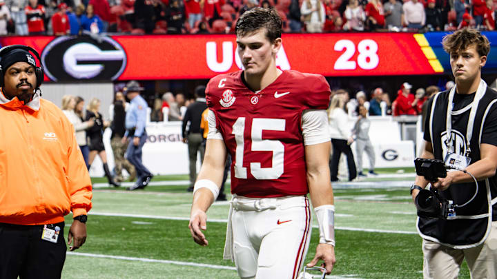 Alabama quarterback Ty Simpson walks off the field after the SEC Championship loss on Dec. 6, 2025.