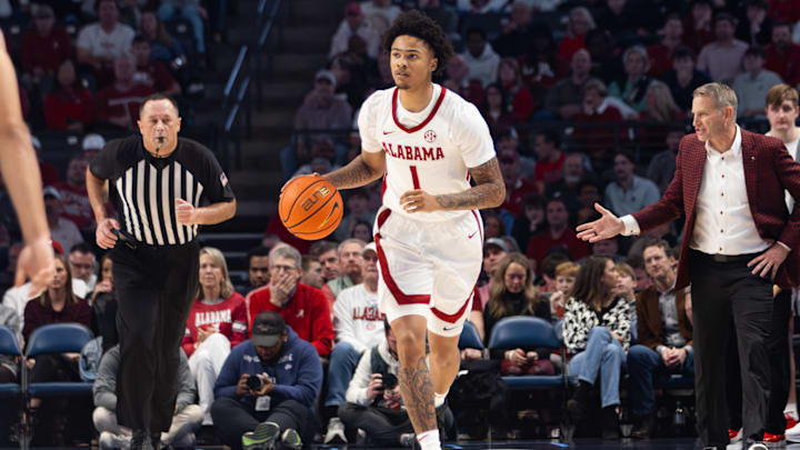 Alabama guard Jalil Bethea travels up the court in the first half of the CM Newton Classic on Dec. 13, 2025. Alabama guard Jalil Bethea travels up the court in the first half of the CM Newton Classic on Dec. 13, 2025.