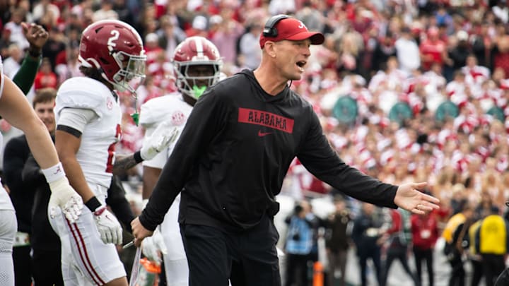 Alabama head coach Kalen Deboer coaches his players as a time out is called in the first half of the Rose Bowl on Jan. 1, 2026. 
