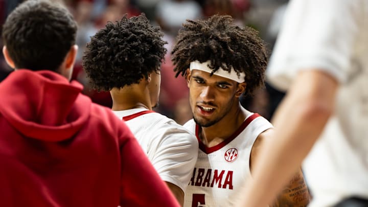 Alabama forward Amari Allen celebrates as he goes into the huddle in the second half of the game against Texas on Jan. 10, 2025.