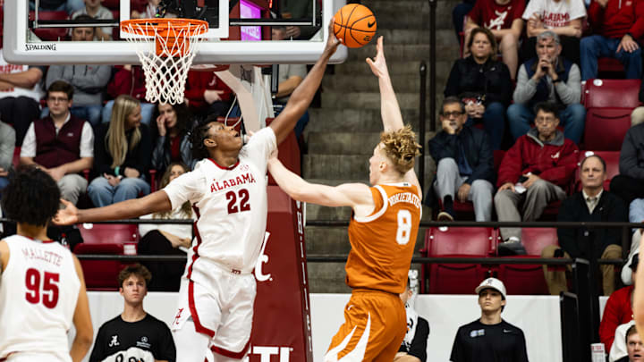 Alabama forward Aiden Sherrell blocks a shot in the second half of the game against Texas on Jan. 10, 2025.