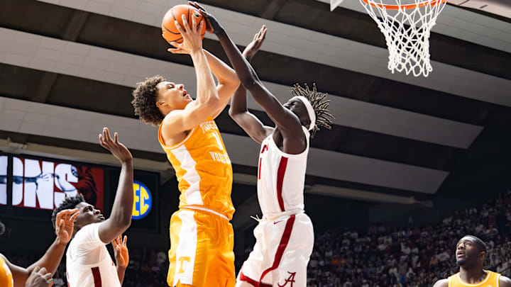 Alabama forward Taylor Bol Bowen contests a shot in the first half of the game against Tennessee on Jan. 24, 2026.