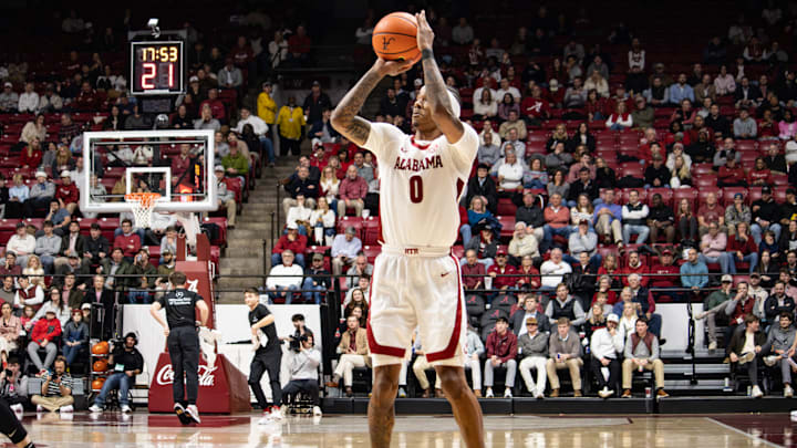 Alabama guard Labaron Philon Jr shoots a three in the second half of the game against Missouri on Jan. 27, 2026.