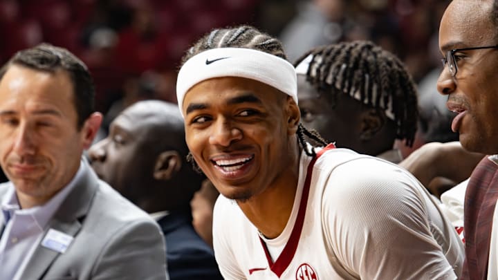 Alabama guard Labaron Philon Jr. all smiles on the bench in the second half of the game against Missouri on Jan. 27, 2026.