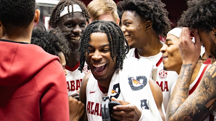 Alabama guard Latrell Wrightsell Jr. celebrates with team after the win against Missouri on Jan. 27, 2026. Alabama guard Latrell Wrightsell Jr. celebrates with team after the win against Missouri on Jan. 27, 2026.