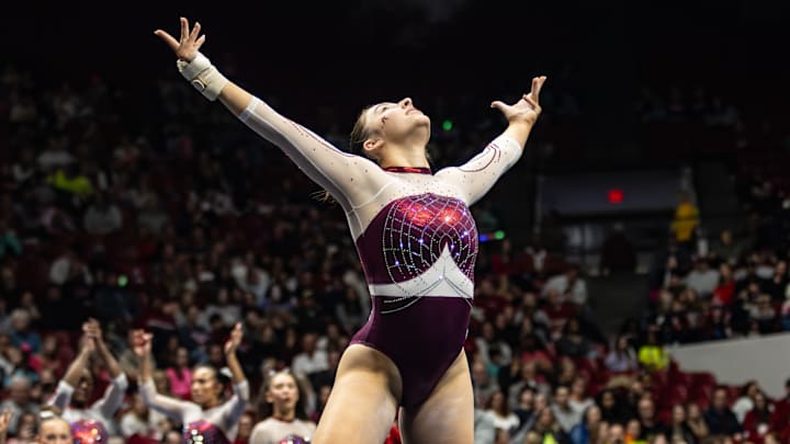 Jasmine Cawley competes her floor routine in the meet against Oregon State on Jan. 30, 2026.