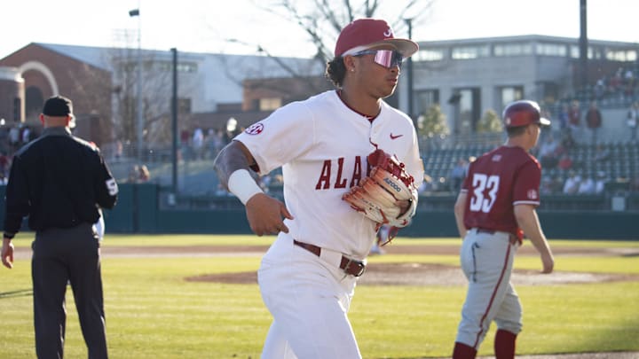 Alabama infielder Justin Lebron runs back to the dugout in the first game of the series against Washington State University on Feb. 13, 2026.