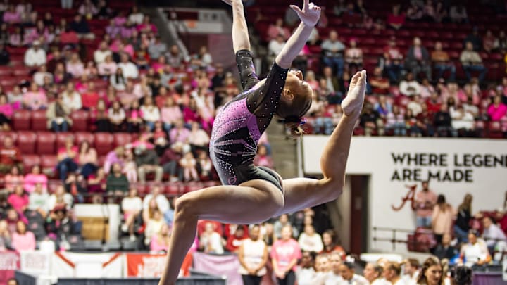Chloe LaCoursiere performs her beam routine in the meet against Arkansas on Feb. 13, 2026.