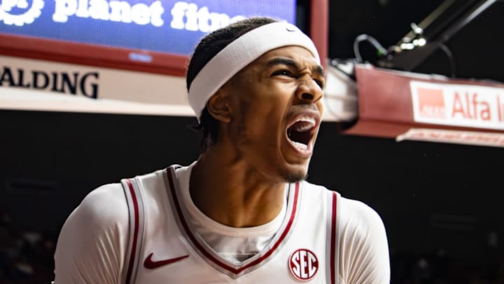 Alabama guard Labaron Philon Jr celebrates in the second half of the game against Arkansas on Feb. 18, 2026.