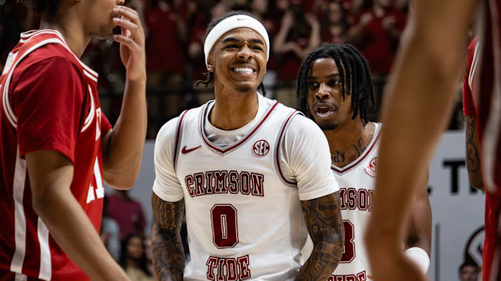 Alabama guard Labaron Philon Jr smiles after sinking a shot in the second half of the game against Arkansas on Feb. 18, 2026.