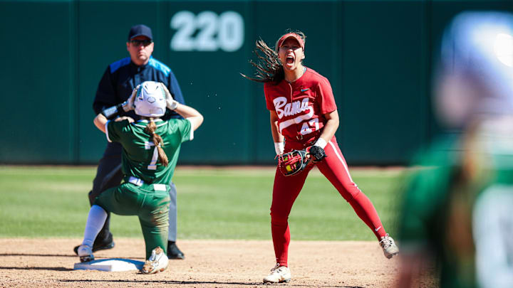 Alabama infielder Salen Hawkins celebrates an out against Dartmouth