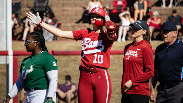 Alabama infielder Abby Duchscherer celebrates a base hit in the Crimson Classic game against USF on Feb. 28, 2026. Alabama infielder Abby Duchscherer celebrates a base hit in the Crimson Classic game against USF on Feb. 28, 2026.