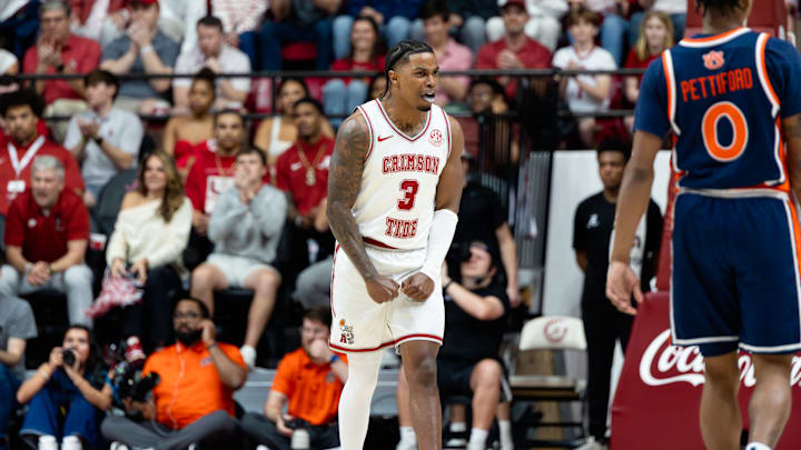 Alabama guard Latrell Wrightsell Jr celebrates a play  in the first half of the game against Auburn on Mar. 7, 2026. 