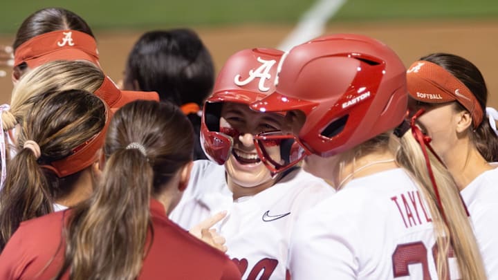 Alabama's Alexis Pupillo smiles with teammates after her home run in the game against Samford on Mar. 10, 2026.