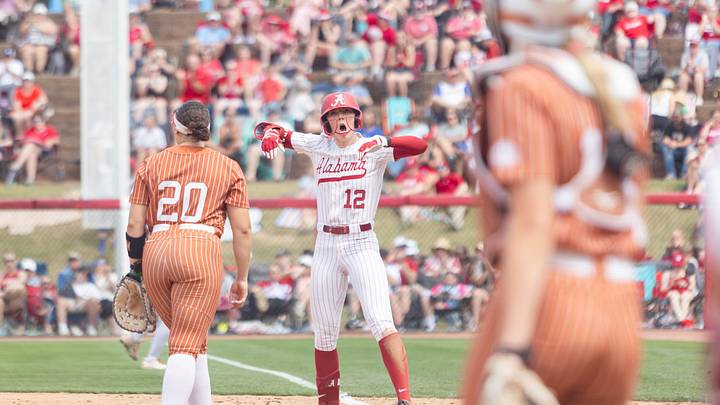 Alabama outfielder Audrey Vandagriff celebrates a base hit in the third game of the series against Texas on Apr. 4, 2026. Alabama outfielder Audrey Vandagriff celebrates a base hit in the third game of the series against Texas on Apr. 4, 2026.