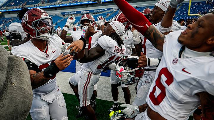 Alabama DB Jireh Edwards celebrates Alabama's 45-17 win over Kentucky on Sept. 12, 2026, at Kroger Field in Lexington, Ky.