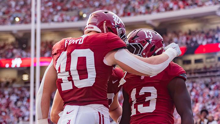 Alabama Running Back EJ Crowell and Tight End Josh Ford celebrate a touchdown in the second half of the game against FSU on Sept 19, 2026.