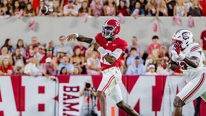 Alabama quarterback Keelon Russell throws the ball in the first half of the game against South Carolina on Sept 26, 2026.