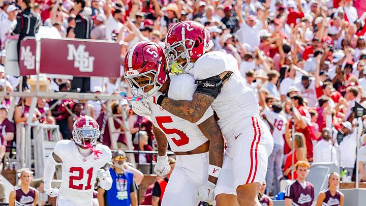 Alabama defensive backs Dijon Lee Jr and Zabien Brown celebrate a pick six in the first half of the game against Mississippi State on Oct 3, 2026. Alabama defensive backs Dijon Lee Jr and Zabien Brown celebrate a pick six in the first half of the game against Mississippi State on Oct 3, 2026.