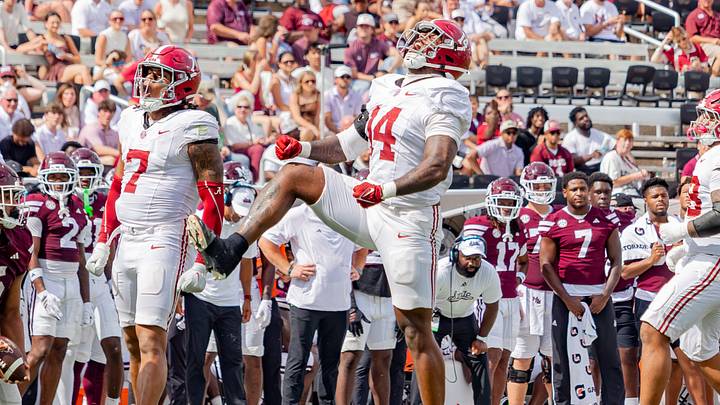 Alabama defensive lineman Fatutoa Henry celebrates in the second half of the game against Mississippi State on Oct 3, 2026. Alabama defensive lineman Fatutoa Henry celebrates in the second half of the game against Mississippi State on Oct 3, 2026.