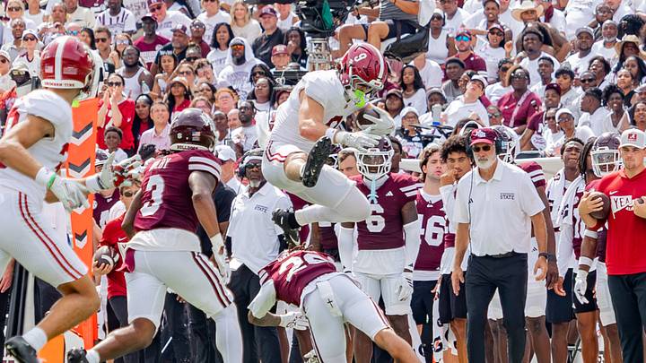Alabama tight end Marshall Pritchett hurdles a defender in the second half of the game against Mississippi State on Oct 3, 2026. Alabama tight end Marshall Pritchett hurdles a defender in the second half of the game against Mississippi State on Oct 3, 2026.