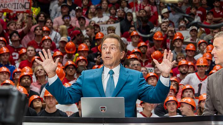 Former head coach Nick Saban during ESPN's College GameDay in Coleman Coliseum before the game against Georgia on Oct 10, 2026.