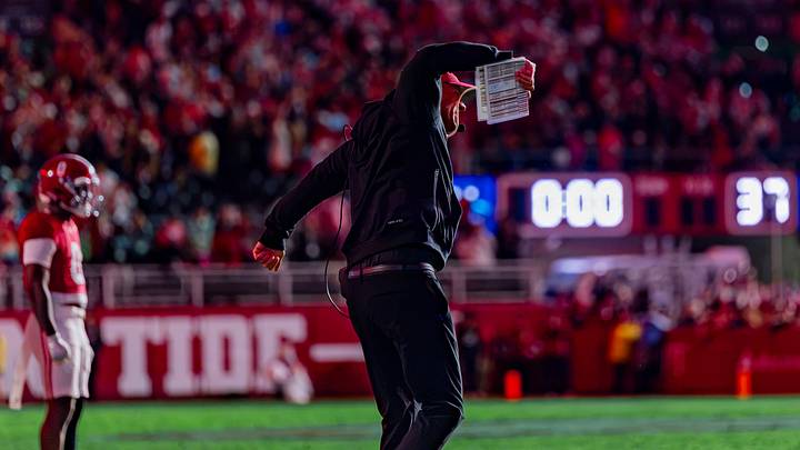 Alabama head coach Kalen DeBoer gets animated after a touchdown in the first half of the game against Georgia on Oct 10, 2026.