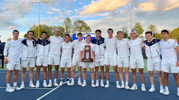 Virginia men's tennis celebrates after defeating South Carolina in the Super Regional Round of the 2024 NCAA Men's Tennis Championship at Boar's Head in Charlottesville. Virginia men's tennis celebrates after defeating South Carolina in the Super Regional Round of the 2024 NCAA Men's Tennis Championship at Boar's Head in Charlottesville.