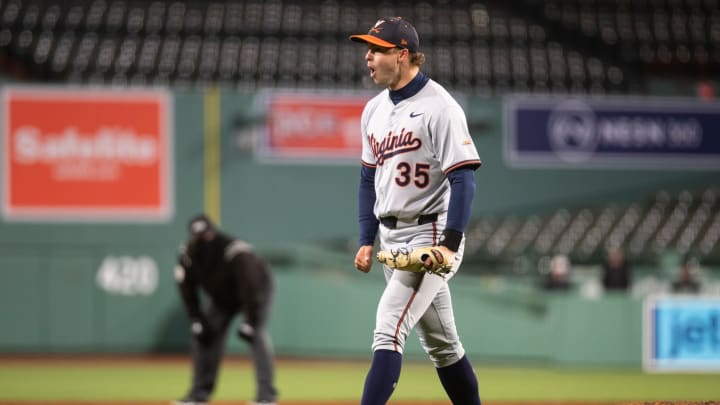 Cullen McKay reacts during the Virginia baseball game vs. Boston College at Fenway Park. Cullen McKay reacts during the Virginia baseball game vs. Boston College at Fenway Park.