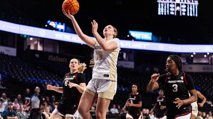 Wake Forest's Grace Oliver attempts a layup against the Gardner-Webb Bulldogs, Dec. 22, 2025.