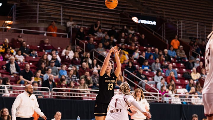 Wake Forest's Grace Oliver (13) attempts a three-pointer against Boston College, February 22, 2026.