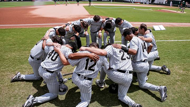 Wake Forest Baseball's team huddle before facing the Miami Hurricanes. Wake Forest Baseball's team huddle before facing the Miami Hurricanes.