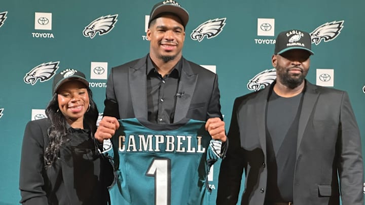 Eagles' LB Jihaad Campbell with his mom and dad at the NovaCare Complex. Eagles' LB Jihaad Campbell with his mom and dad at the NovaCare Complex.