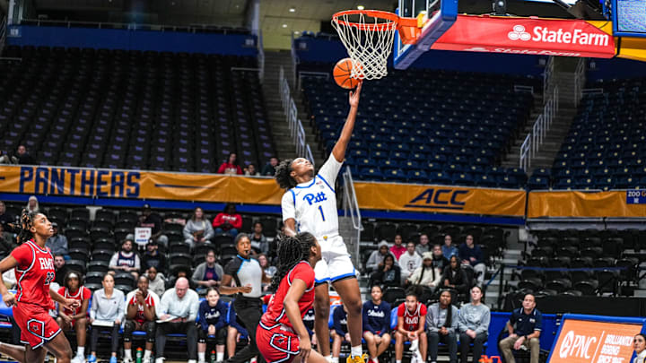 Pitt Women's Basketball G Aayrn Battle goes up for layup in win over RMU