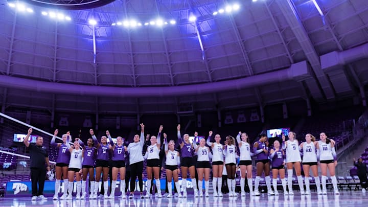 Aug. 17, 2025: TCU Volleyball players celebrating after their Purple and White Scrimmage in Schollmaier Arena. 