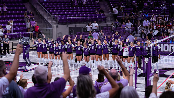 The entire TCU volleyball team singing the TCU alma mater after a win over Kansas State. The entire TCU volleyball team singing the TCU alma mater after a win over Kansas State.