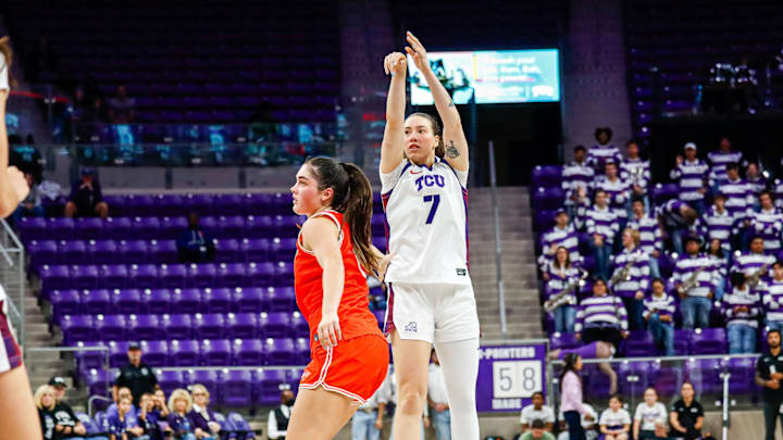 Marta Suarez shoots a three-pointer in TCU women's basketball's 93-57 win over UTRGV at Schollmaier Arena in Fort Worth, TX.