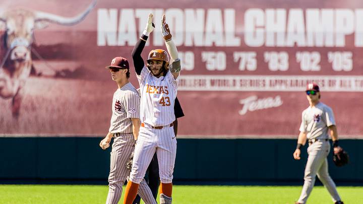 Texas junior outfielder Aiden Robbins chants after hitting a double in the fifth inning against Mississippi State on May 2, 2026, at UFCU Disch-Falk Field in Austin, Texas. Texas junior outfielder Aiden Robbins chants after hitting a double in the fifth inning against Mississippi State on May 2, 2026, at UFCU Disch-Falk Field in Austin, Texas.