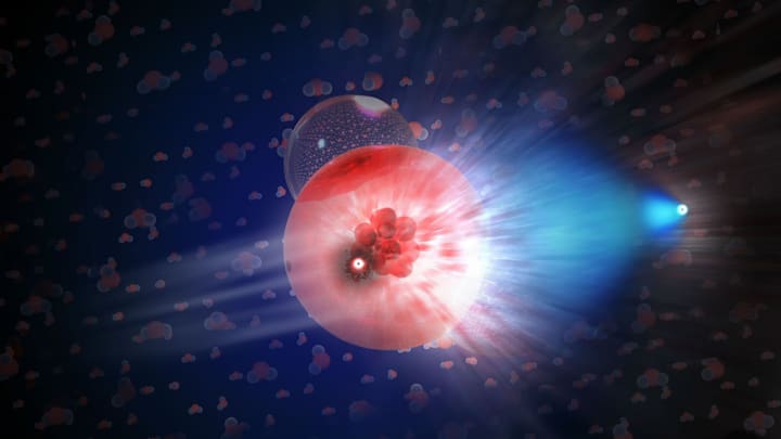 A neutrino has interacted with an ice molecule, producing a muon that moves at relativistic speed in the ice, leaving a trace of blue light behind it.