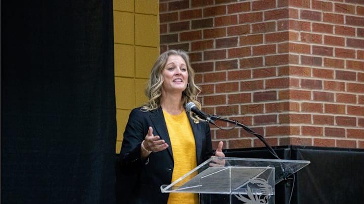 March 31, 2025; Columbia, Missouri, USA; Missouri Tigers women's basketball head coach Kellie Harper speaks at her introductory press conference at the Mizzou Arena practice gym.