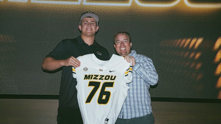 Midlothian High School offensive lineman Noah Best alongside Missouri Tigers head coach Eli Drinkwitz on an official visit to to the University of Missouri on Sunday, June 1, 2025.
