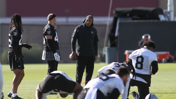 Las Vegas Raiders Head Coach Antonio Pierce, Talking with His Players Before Practice Las Vegas Raiders Head Coach Antonio Pierce, Talking with His Players Before Practice