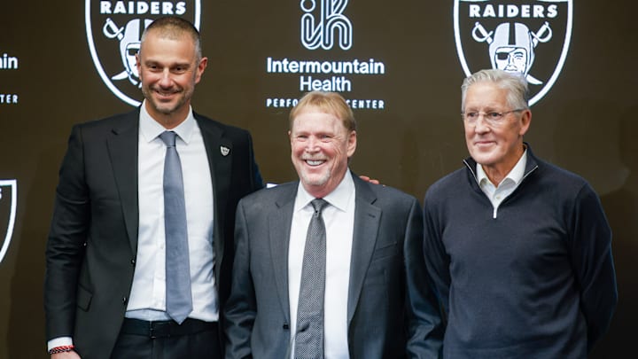 GM John Spytek, Owner Mark Davis, and Las Vegas Raiders Coach Pete Carroll GM John Spytek, Owner Mark Davis, and Las Vegas Raiders Coach Pete Carroll