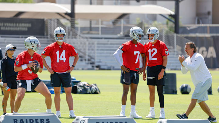 Las Vegas Raiders QBs Coach Greg Olson, and QBs Geno Smith, Aidan O'Connell, Cam Miller and Carter Bradley.